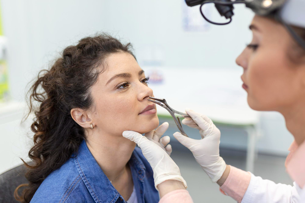 médica verificando o nariz de paciente